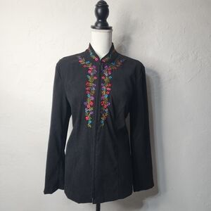 Elementz Embroidered Floral Mandarin Collar Jacket L Vintage Style